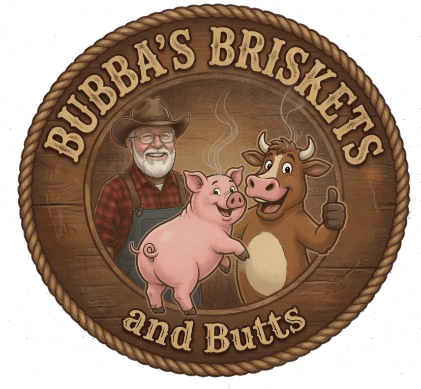 Bubba's Briskets and Butts โ smiling pitmaster with a happy pig and steer on a wooden badge