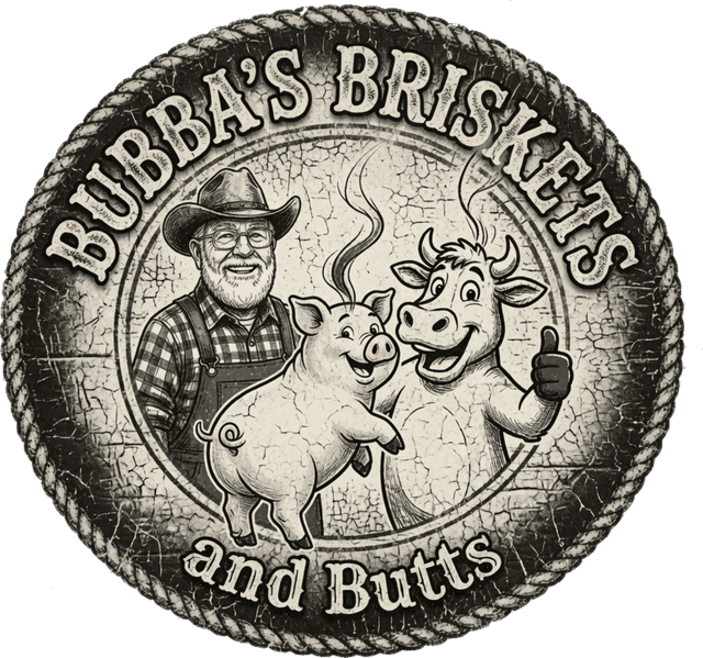 Bubba's Briskets and Butts badge in vintage black and white